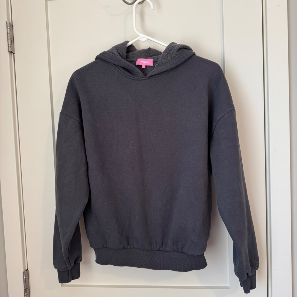 Edikted Pink Bow Graphic Sleeve Hoodie Charcoal Black Fleece Pullover‎ XS